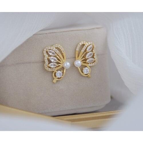 14k Real Gold Plated Fine Jewelry Exquisite Micro-inlaid Zircon Pearls Butterfly Earrings for Woman Daily Party Stud Earring