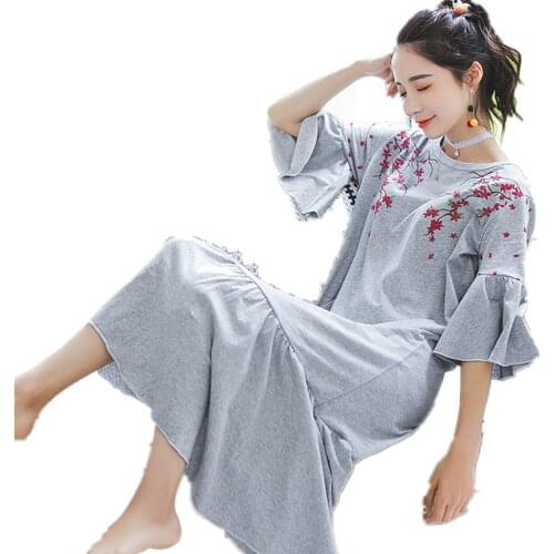Autumn Loose Casual Cotton Fishtail Nightgown Female Lovely Home Sleepwear Pyjamas Short Sleeve Lingerie long Nightdress AB125