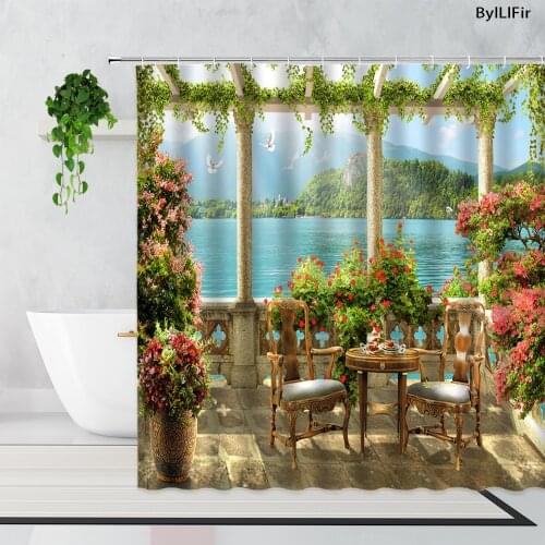 3D European Garden Scenery Shower Curtains Plants Flower Vine Pastoral Sea View Home Decor Wall Cloth Bathroom Bath Curtain Set