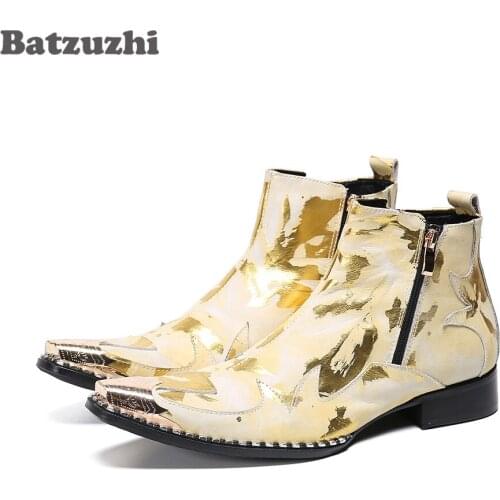 Batzuzhi Luxury Handmade Men Boots Pointed Iron Toe Mens Leather Ankle Boots Gold Rock Party and Wedding Footwear botas hombre