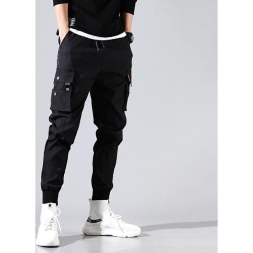 Ankle Length Trousers Techwear Cargo Pants Men Solid Color Black Loose Casual Jogger Pocket Elastic Waist