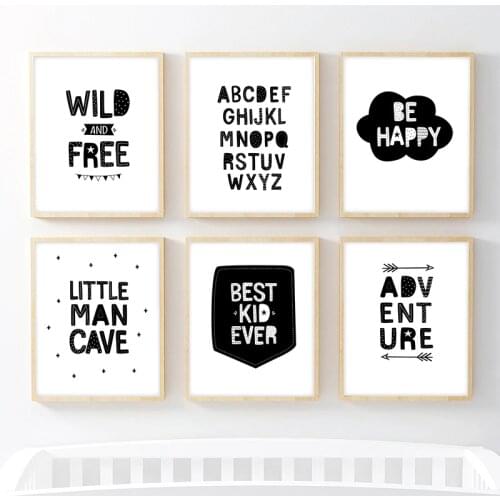 Nursery Wall Art Canvas Painting Black and White Adventure Be Wild and Free Quotes Posters and Prints Nordic Baby Room Picture