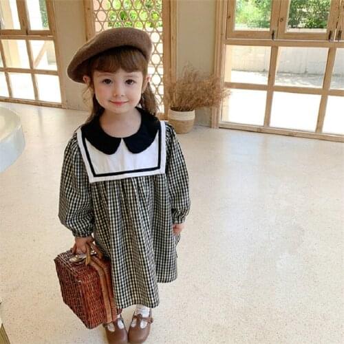 Kids Girls Sailor Collar Plaid Dress 2021 Spring New Children Cotton Casual Clothing Fashion Cute, #9399