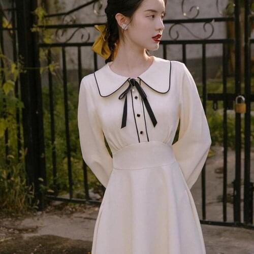 French Literary White Dress Women Retro Doll Collar Long Dress Evening 2021 New Autumn Elegant Bow Dresses Female Dress