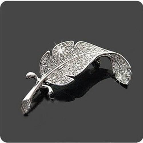 Crystal Rhinestone Leaf Brooch Pins Jewelry For Women Men Silver Plated Zircon Feather Brooches Badges Clothes Scarf Accessories
