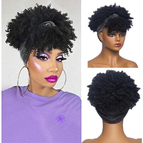 Short Turban Wig Fluffy Headband Wig Synthetic Wrap Wig Linked Turban Afro Kinky Culry Hair Wigs for African Women