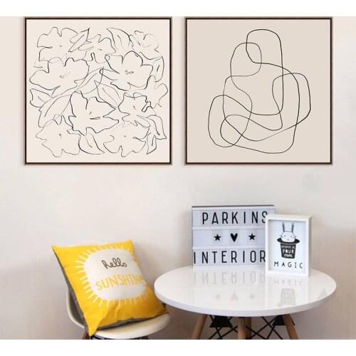 Minimal Botanical Drawing Scribble Art Print Beige Boho Abstract Fine Line Art Canvas Painting Modern Poster Wall Pictures Decor