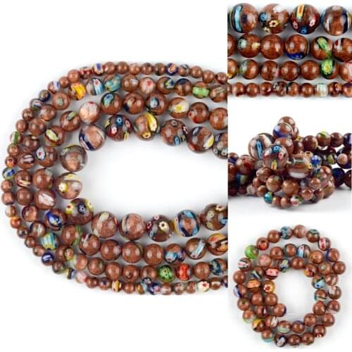 Natural Millefiori Flower Gold sandstone Beads Round Loose Beads For Jewelry Making Diy Bracelet Necklace Charm 6 8 10 12mm 15