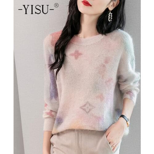 YISU New Women Loose Mohair Sweater Autumn Winter O-Neck Top Fashion Female Knitted pullover Long sleeve Jumper Womens clothing