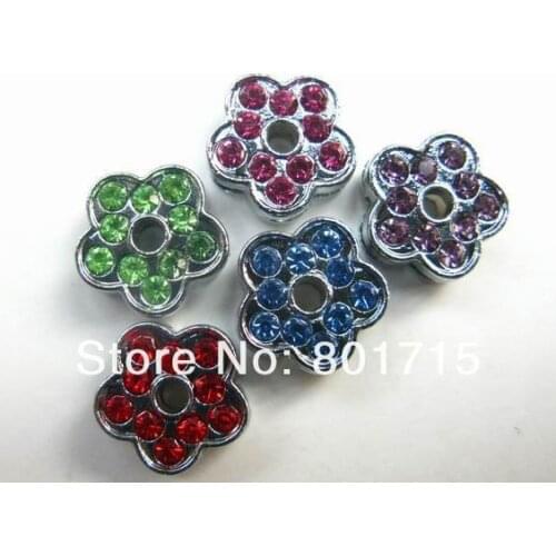 Wholesale 100pcs Mix Color Flower Internal Dia.8mm Full Rhinestone slide Charms can through 8mm Belt Pet Collar Wristband