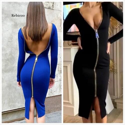 Sexy Womens Two Ways To Wear Zipper Design Long Sleeve Bandage Dress Bodycon Celebrity Club Party Dress Blue Black Vestido