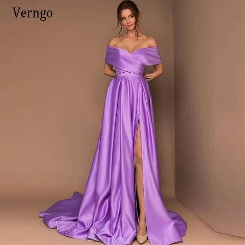 Verngo Elegant Lavender Satin A Line Long Evening Dress Off the Shoulder Short Sleeves Sied Slit 2021 Simple Formal Prom Gowns