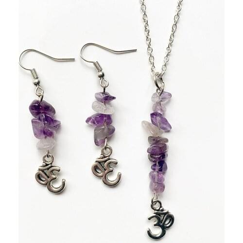 Meet Jo Natural Amethyst Stone Quartz Crystal Beads Chip Stone Earrings Healing Natural Crystal Aum OM Symbol Pendant Necklace