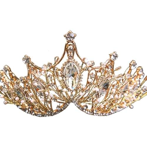 Baroque Queen Crown Handmade Gold Wedding Tiaras and Crown for Bride Headband