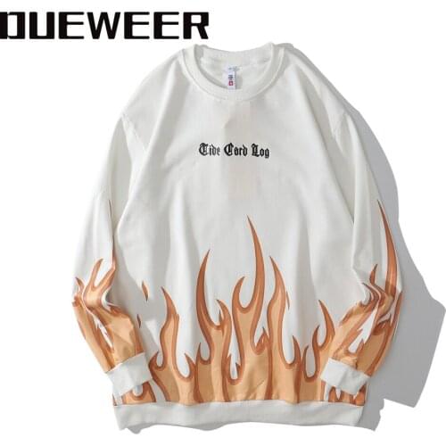 Dueweer Men Women Flame Print Oversized Sweatshirts Hoodies Pullovers Streetwear Gothic Letter Harajuku Top Sweatshirt Hoodie