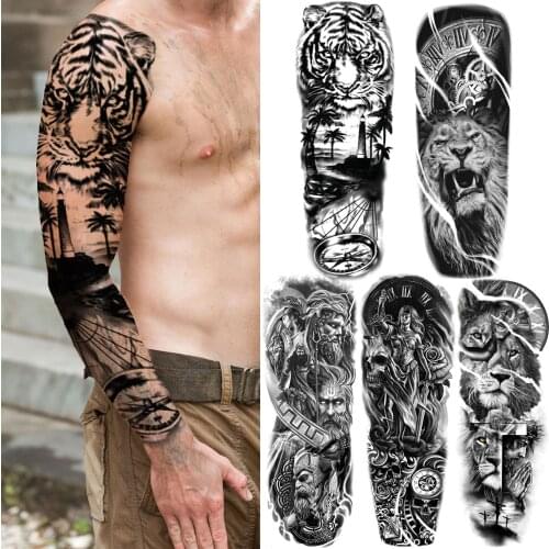 Forest Tiger Tempoarry Sleeve Tattoos For Men Women Black Lion Compass Tattoo Sticker Warrior Fake Cross Body Art Painting Tatoo