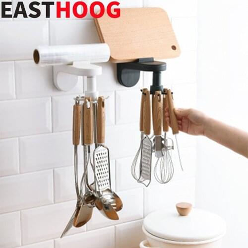 6 Hooks Punch Free 360 Degree Rotating Storage Rack Shelf Clothes Ties Bag Holder Shelf Rack Kitchen Gadgets Storage Rack Hanger