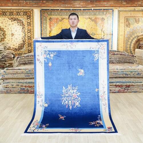 YILONG 4'x6' handmade chinese art deco silk blue carpet exclusive pattern area rug