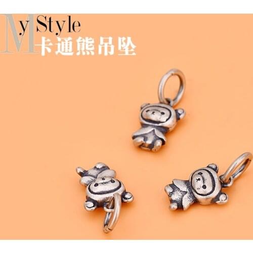 Jewelry DIY accessories woven material bag Necklace Pendant 925 Sterling Silver retro Thai silver Cute Cartoon Bear Pendant