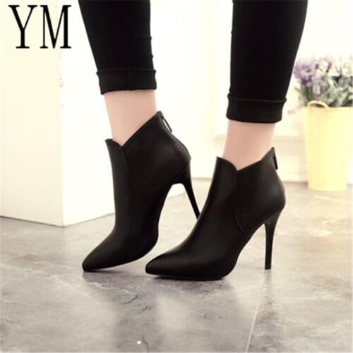 2020Fashion Patent leather PU Pointed Toe High Heel Boots Shoes Woman Zipper Ankle Boots Women Shoes Thin Heel Women Boots 35-39