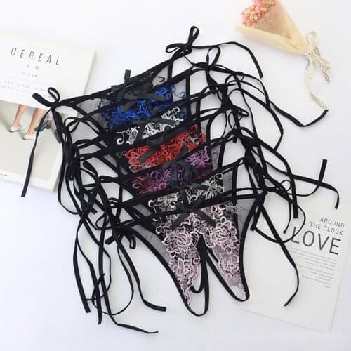Women Sexy Embroidery Lace Panties Perspective Lacing Strap Bowknot Briefs Underwear Fashion Underpants Female Flower Mesh Lace