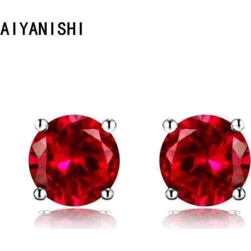 AIYANISHI Classic 925 Sterling Silver 5mm Stud Earrings Luxury Female Red Stud Earrings For Women Jewelry Wedding Party Gifts