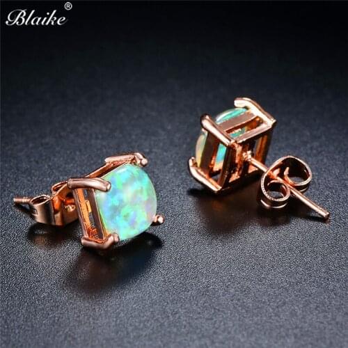 Blaike Mystic Fire Green Opal Stone Rose Gold Filled Stud Earrings For Women Vintage Fashion 4/5/6/7MM Square Birthstone Earring
