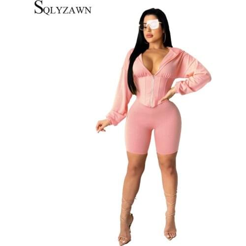 Candy Color Hooded Crop Top Womens Corset Sweatshirt Set Bike Shorts Set Women 2pcs Tracksuit Autumn Fashion Female Clothes