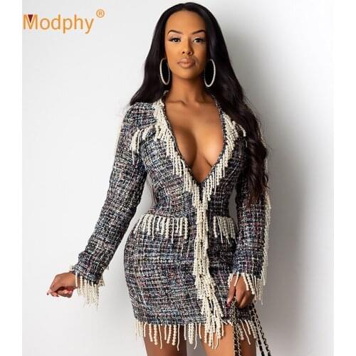 2020 Fall Fashion Womens Beaded Fringe Dress Sexy Long Sleeve Bodycon Mini Dress Club Celebrity Evening Party Runway Vestidos