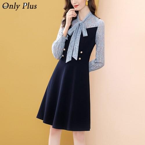 Mesh Bow A-Line Dress For Women Patchwork Long Sleeve 2021 Spring Knee Elegant Dresses Gauze Fashion Runway Party Vestidos