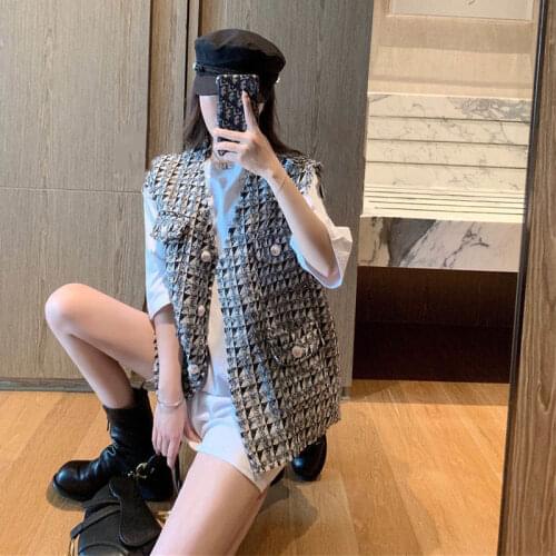 Vest Women Tweed Vest 2021 New Student Loose Western Style Sleeveless Plaid Coat Female Fashion Waistcoat Vest Women knitted