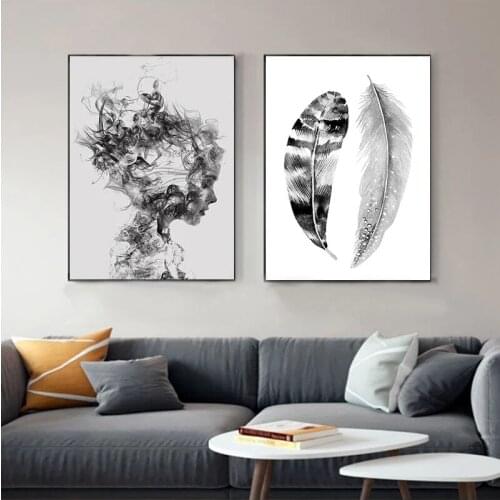 Abstract Wall Art Black White Feathers Women Paintings Nordic Canvas Posters and Prints Living Room Bedroom Corridor Decoration