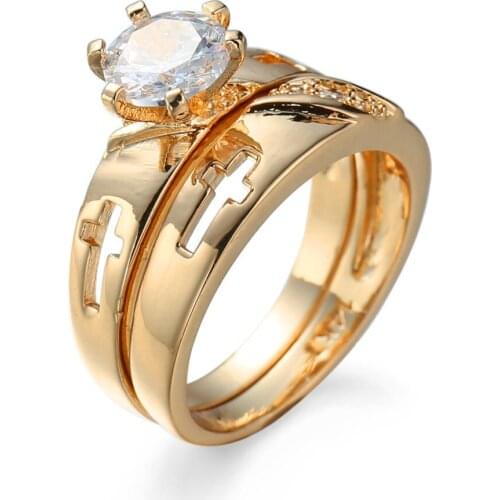 Anti Allergy 2 Rounds Cubic Zirconia Paved Engagement Rings Sets Golden Color Crystal Wedding Jewelry For Women Anel KCJZ-049