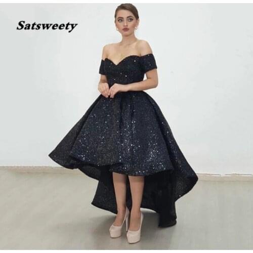 Sparkly Black High Low Prom Dress 2021 Sexy Off Shoulder Formal Sequin Short Evening Party Gown Saudi Arbia Lady Gala Dress