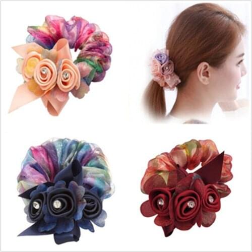 Yarn Elastic Hair Band Tie Rubber Bow For Women Girl Korean Fabric Flower Scrunchies Crystal Fashion Head Accessories Wholesale