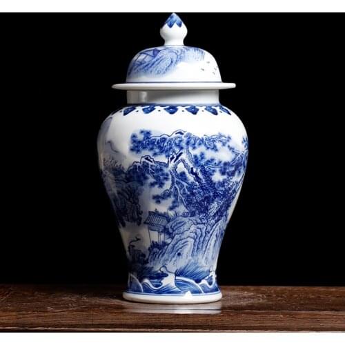 Chinese Landscape Design Blue And White Porcelain Ceramic Vase Temple Ginger Jars