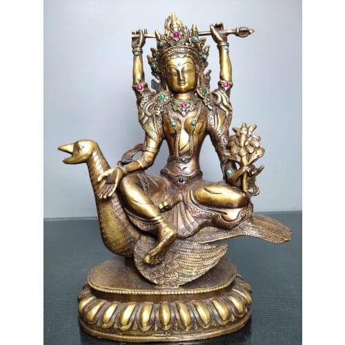 10"Chinese temple collection Old Bronze mosaic Gem Holy Salvation Buddha Four-arm Tara Ride a swan Sitting Buddha Ornaments