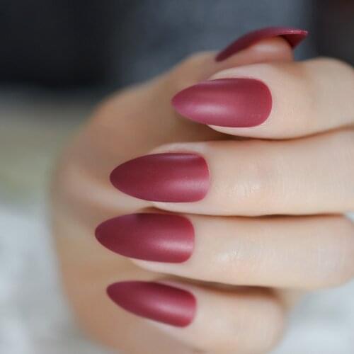 Fashion Burgundy Matte Frosted Press on Nail Almond Stiletto Sharp Fake Nails Dard Red Faux Ongles Full Cover False Nails Tips