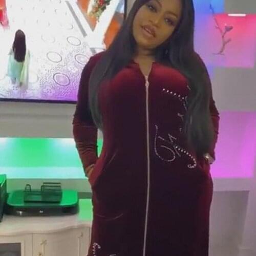 Muslim Velvet Maxi Dress Fashion Stick Pearls Zipper Pockets Robes Spring Autumn New Elegant Streetwear Abayas Muslim Dress 2021