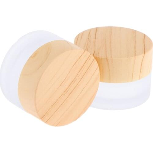 Set of 10, 5g Environmental Wood Texture Lids Frosted Glass Bottles Cream Jars Empty Cosmetic Comtainers w/ Inner Linners