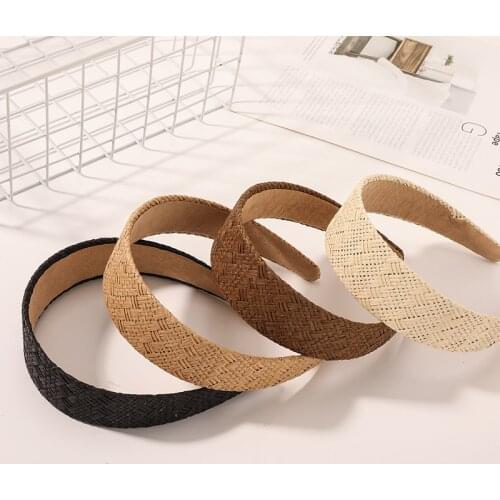 New Simple Pure Color Raffia Braided Headband with Wide Edges Ladies Fashion Plaid Straw Braided Headband Hair AccessoriesSY106