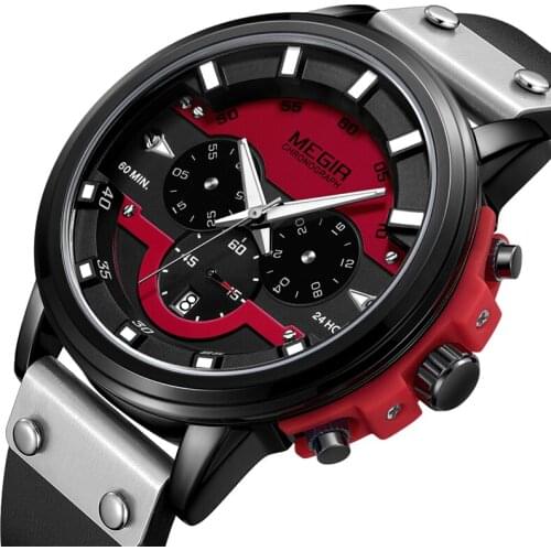 2019 New Quartz Watches MEGIR Luxury Brand Men analog chronograph Clock Men Sports Military Leather Strap Fashion Wrist Watch