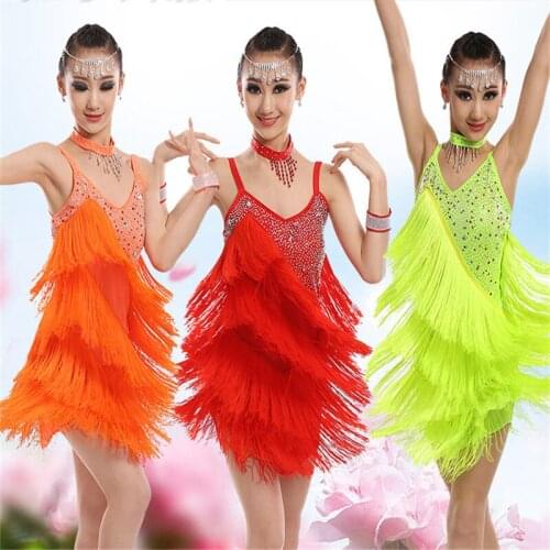 New 2017 girls Sequin tassel Stage Performance Competition Cha Cha/Rumba/Samba/Ballroom Dance Costume Latin Dance Dress For Girl
