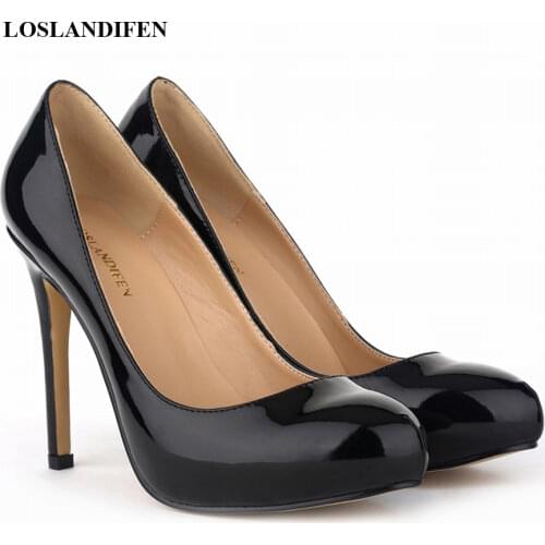 2021 New 1.5cm Platform Concise Office Shoes Womens Patent Leather Round Toe High Heels Shoes Women Pumps Wedding Shoes Shallow