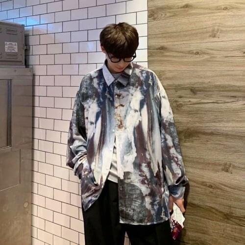 Autumn Korean Shirt Mens Fashion Retro Printing Casual Shirt Men Streetwear Wild Loose Long-sleeved Shirt Mens Dress Shirt