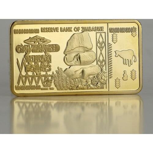 24K Zimbabwe 100 Trillion Coin Commemorative Coin Square Gold Plated Block Gold Bar Gold Coins Collection Gold Plated Bar
