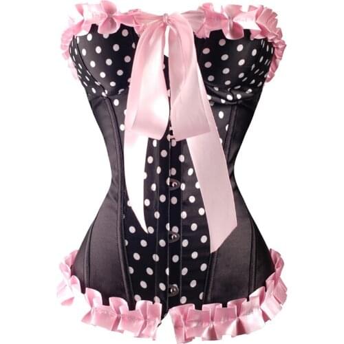 Sexy Women Bustier Pink Polka Dot Corset Lace Up Gothic Top Corset Waist Trainer Bustier Lingerie Ruffle Halloween Costume Black