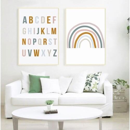 Rainbow Nursery Decor ABC Alphabet Poster Wall Art Canvas Painting Print Pictures New Baby Girls Gift Kids Room Home Decor