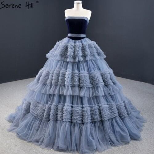 Serene Hill Grey Blue Tiered Sexy Sleeveless Wedding Dress 2020 Off Shoulder High Quality Bridal Wear Gown Custom Made CHM67119