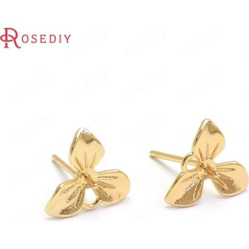 37355)10PCS 10x9MM 24K Gold Color Brass Flower Stud Earrings Pins High Quality Jewelry Making Supplies Diy Findings Accessories